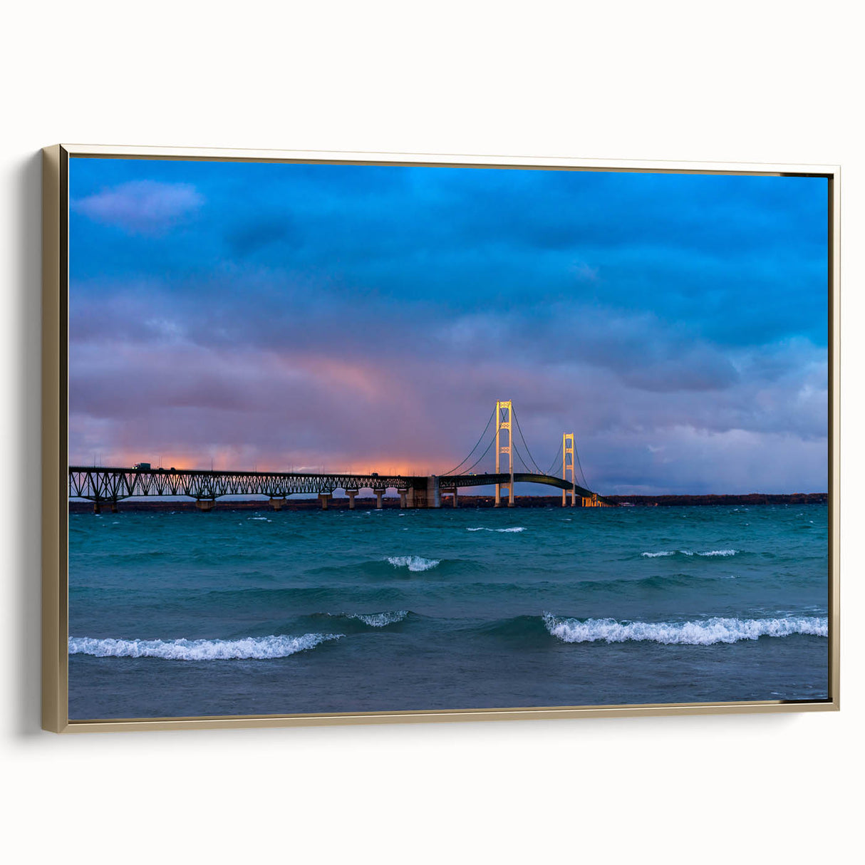Landscape art painting of Michigan's Upper Peninsula in vibrant colors on a gold-framed canvas.