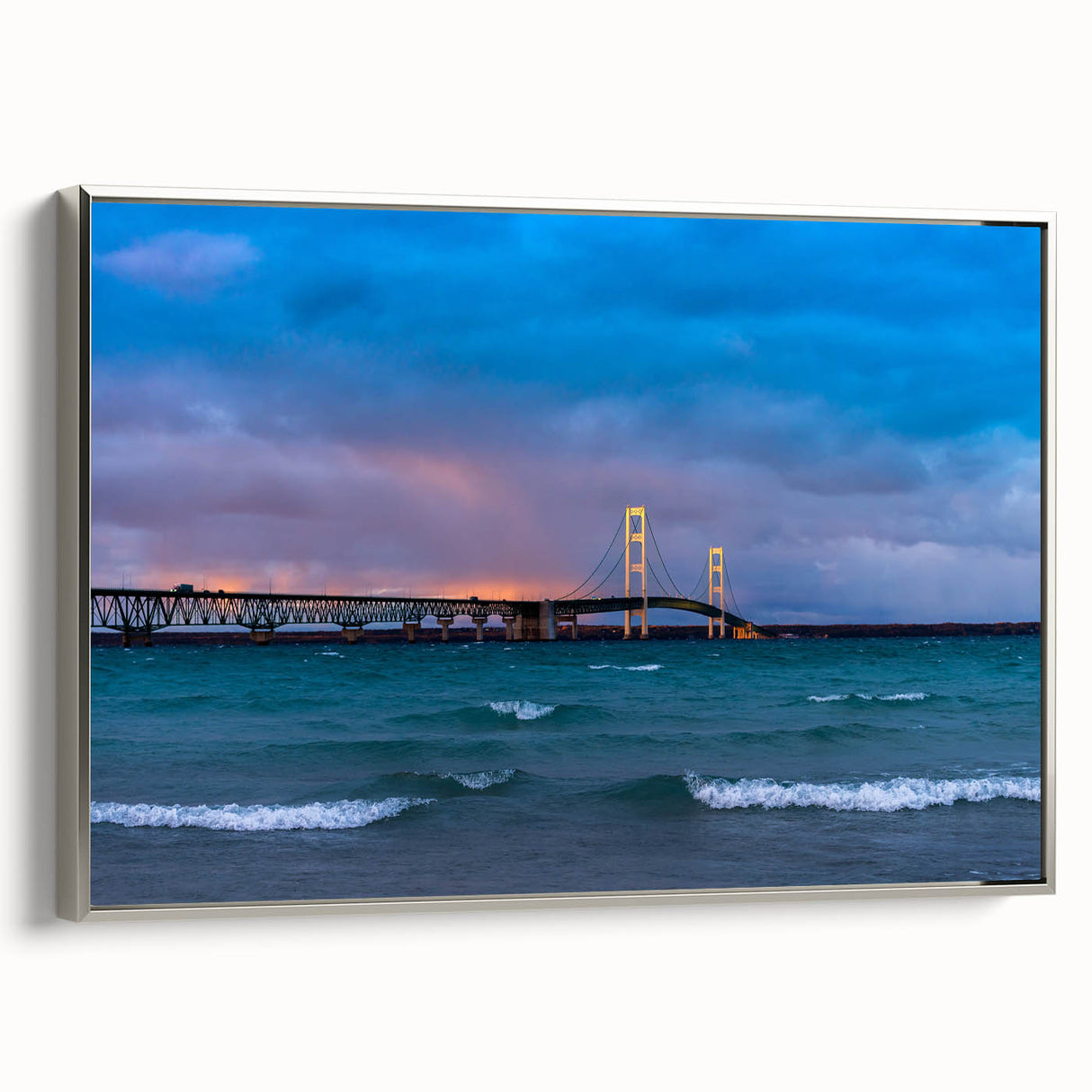 Vintage poster art of Michigan's Upper Peninsula in colorful tones on a large framed canvas, suitable for living room decor.