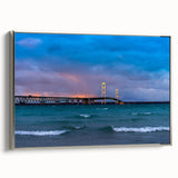 Vintage poster art of Michigan's Upper Peninsula in colorful tones on a large framed canvas, suitable for living room decor.