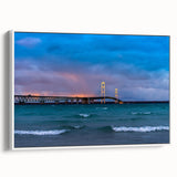 Framed canvas featuring a vintage-style landscape painting of Michigan's Upper Peninsula in muted earth tones.