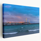 Large art depicting the Michigan Upper Peninsula landscape in muted green and blue tones on stretched canvas.