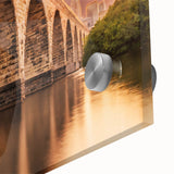 Large abstract depiction of Minneapolis skyline in muted gray and blue tones on acrylic glass, ideal for dining room art.