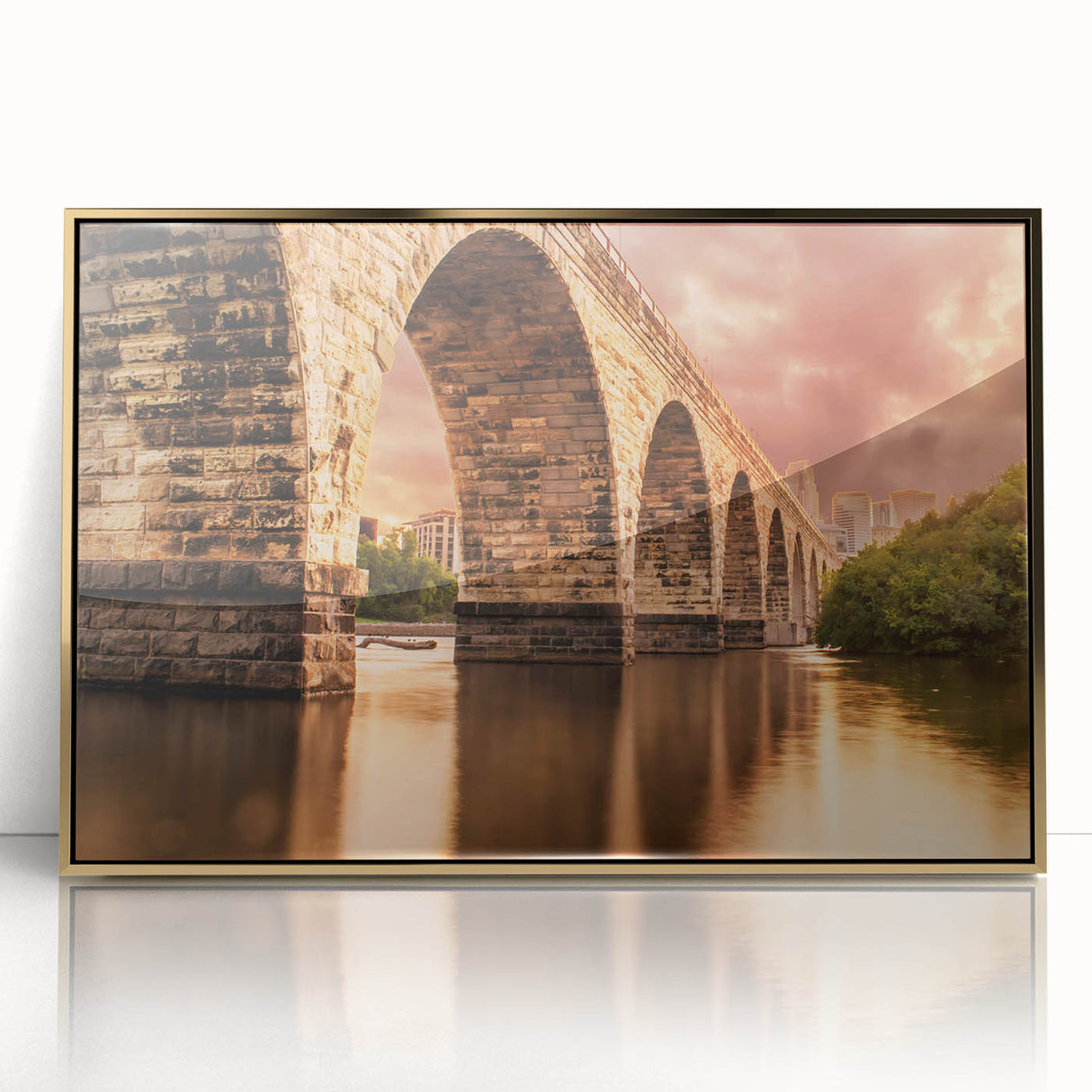 Acrylic print of Minneapolis skyline with golden hues in a mid-century modernist style, ideal for modern art wall decor.