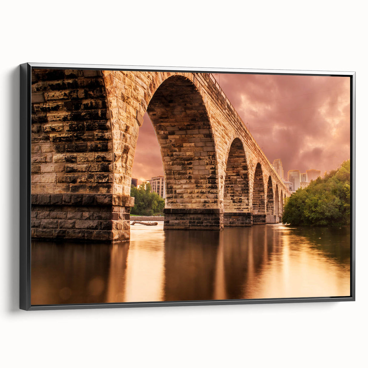 Black and white landscape art painting of Minneapolis on framed canvas, ideal for bedroom wall decor.