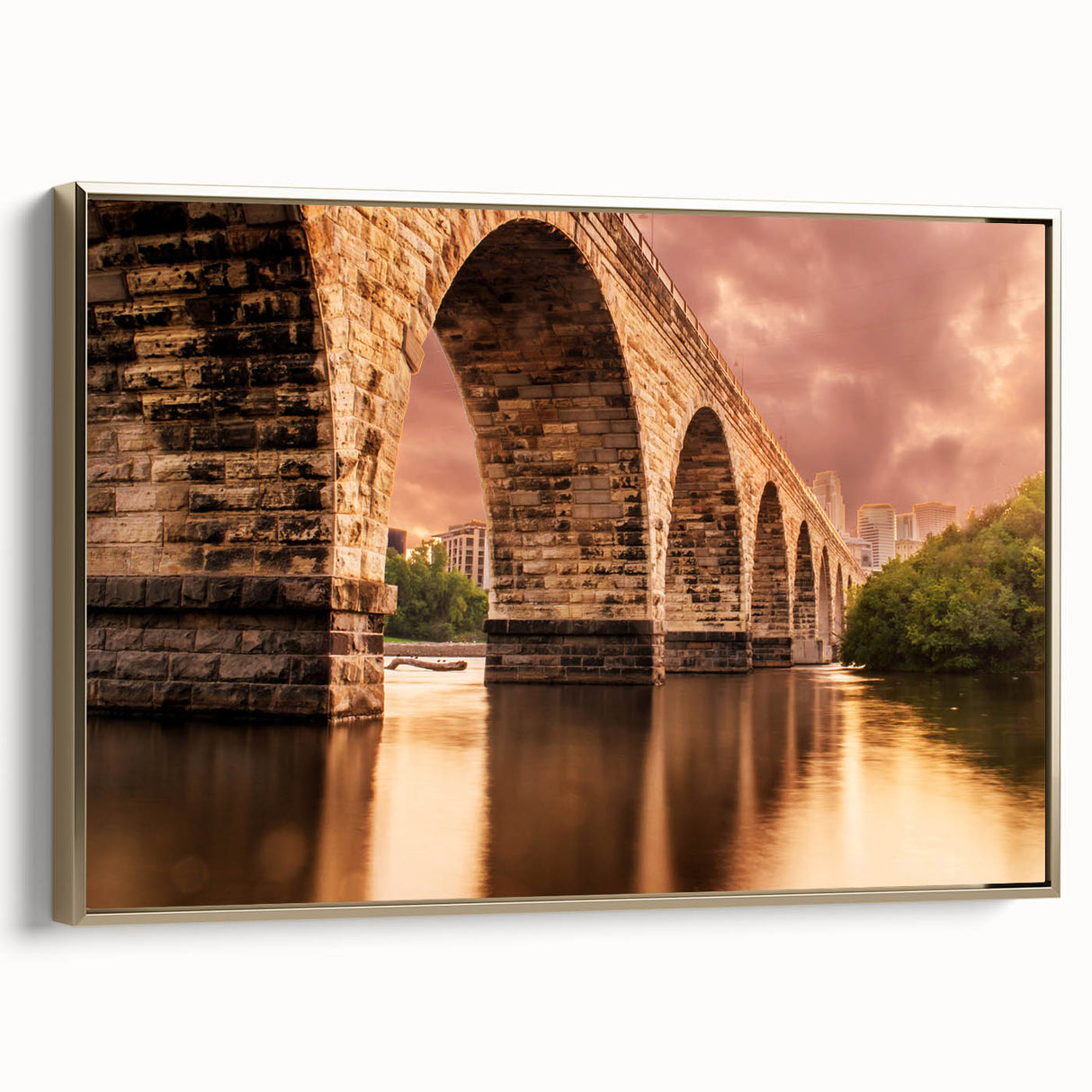 Framed canvas wall art of Minneapolis landscape in muted gold and black tones, suitable for bedroom decor.