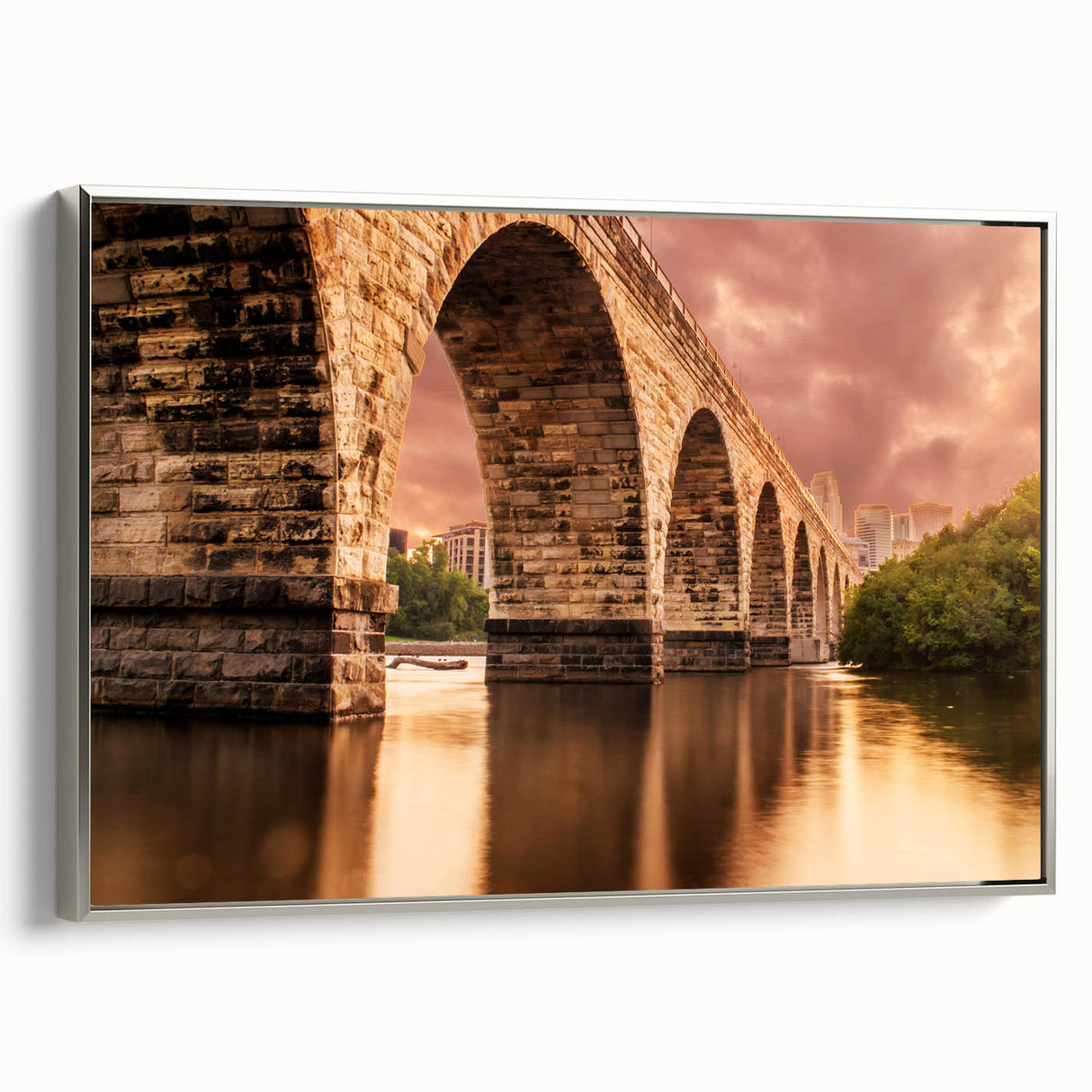 Framed canvas of a vintage-style Minneapolis landscape painting in muted gray and black with colorful accents.
