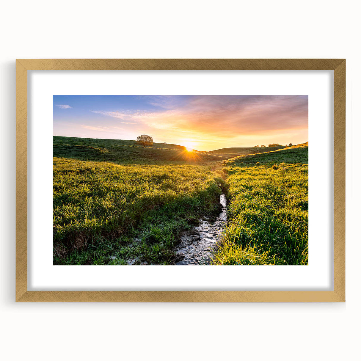 Extra large abstract art print depicting a textured Minnesota landscape in muted earth tones, framed with a gold mat.