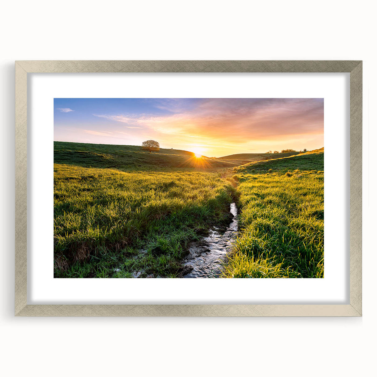 Textured art print of an abstract Minnesota landscape in cool blue and gray tones, framed in silver.