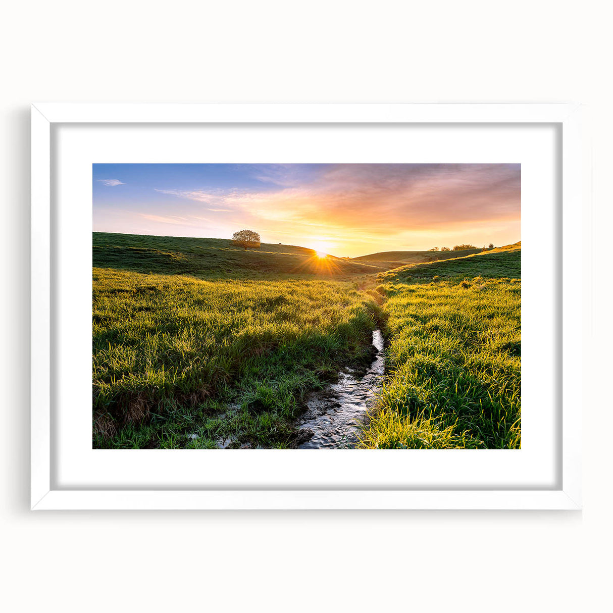Abstract art print of Minnesota scenery in muted earth tones, framed with a white mat, suitable for dining room decor.