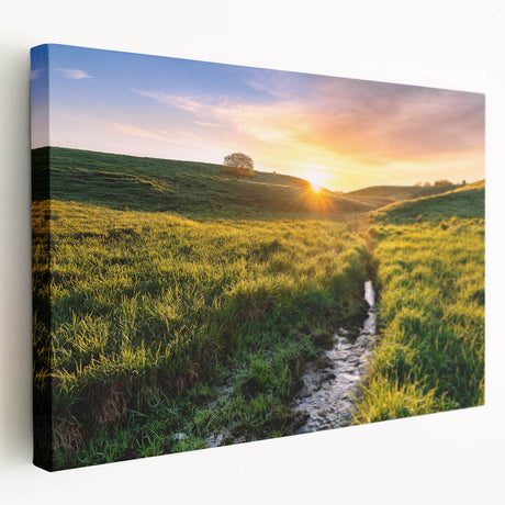 Side view of a large stretched canvas depicting a tranquil Minnesota landscape in soft green and blue tones.