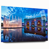 Acrylic print of a large abstract depiction of Kansas City, using vibrant blues and oranges.