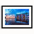 Extra large abstract art print of Kansas City skyline in vibrant, colorful hues on a textured canvas, framed in black.