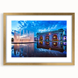 Abstract art print of Kansas City skyline in muted gray and blue tones on a large framed canvas, ideal for living room decor.