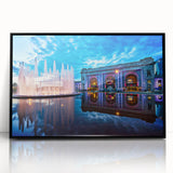 Large abstract wall art depicting the Kansas City skyline in muted black and gray tones on a framed acrylic print.