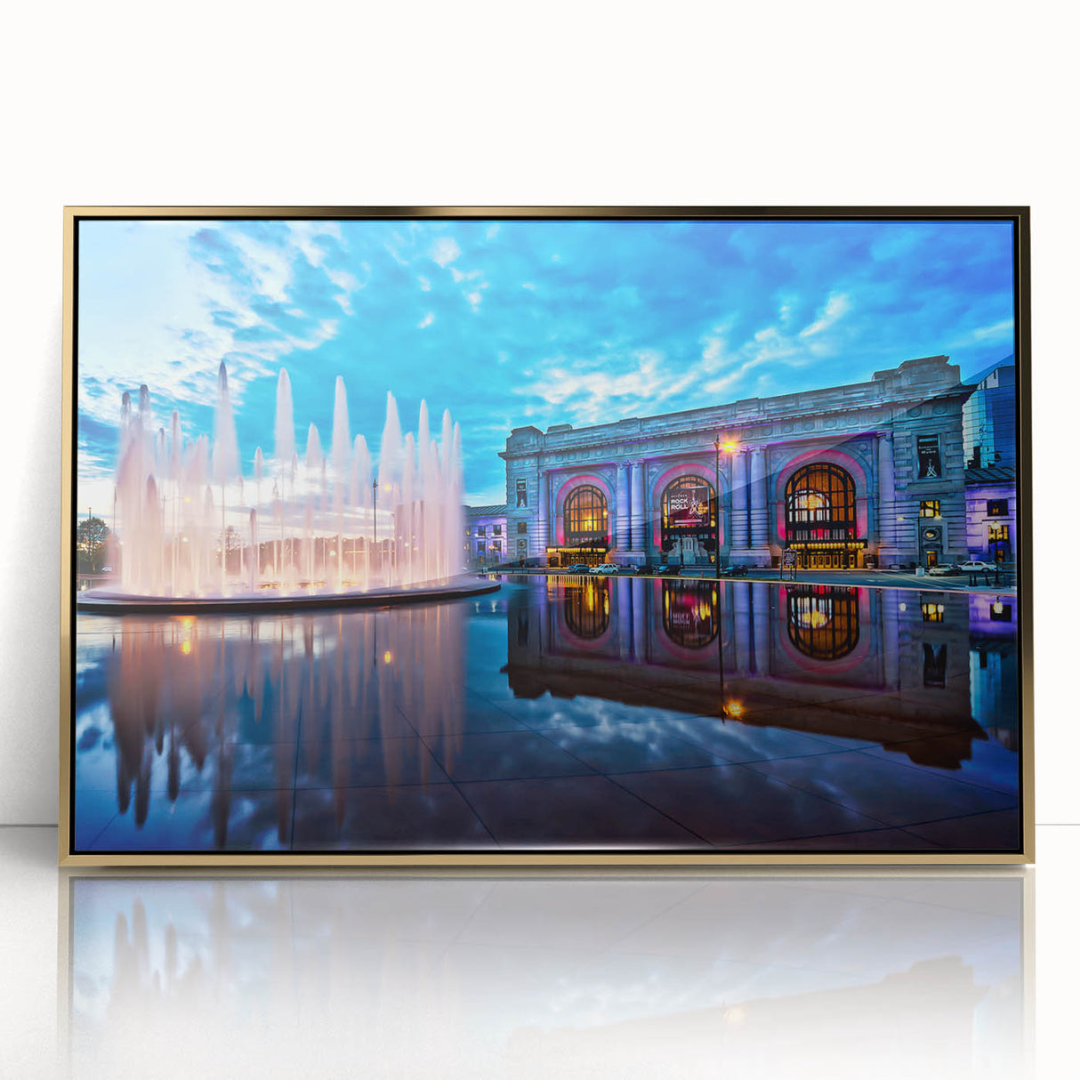 Mid-century modernist acrylic print of Kansas City skyline in gold and black tones, ideal for modern art wall decor.