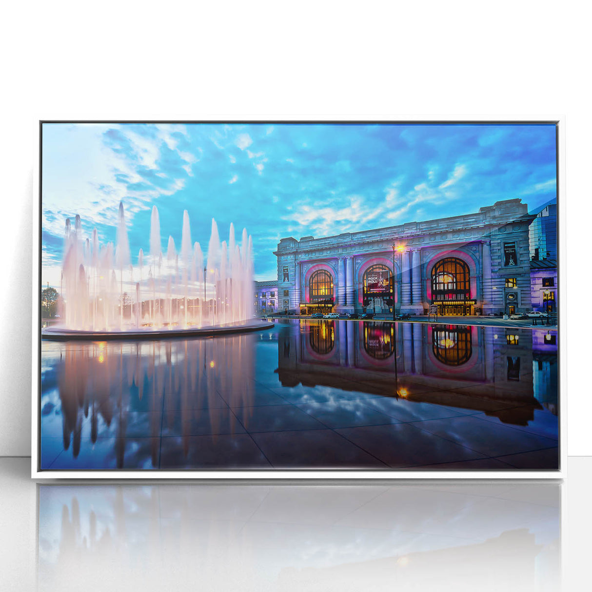 Acrylic print of Kansas City skyline in art deco style with muted gray and blue tones, ideal for modern art wall decor.