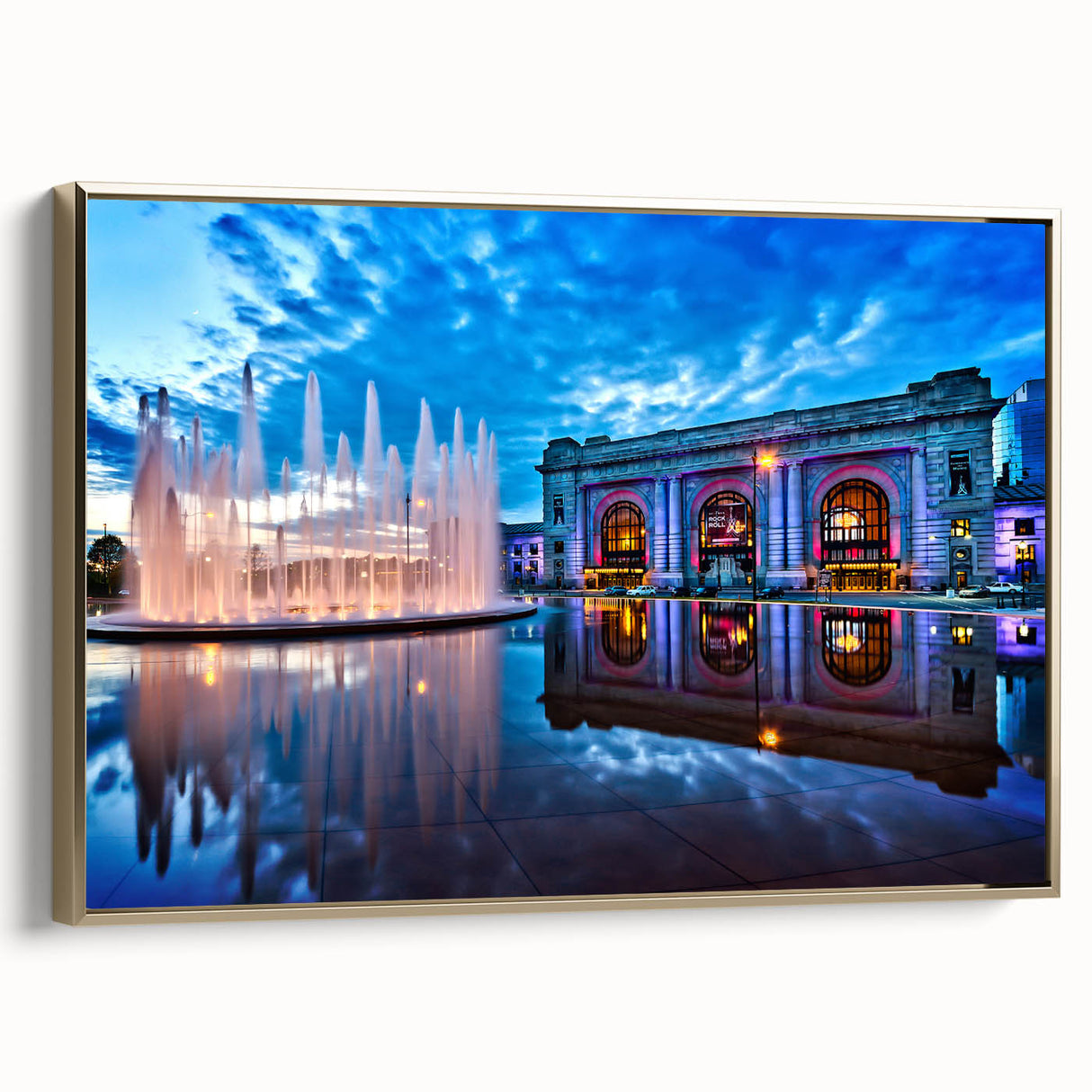 Framed canvas depicting a vintage-style Kansas City landscape in black and gold tones, ideal for bedroom wall decor.