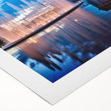 Art deco poster of Kansas City skyline in muted gray and blue tones on rolled canvas, ideal for dining room wall art.