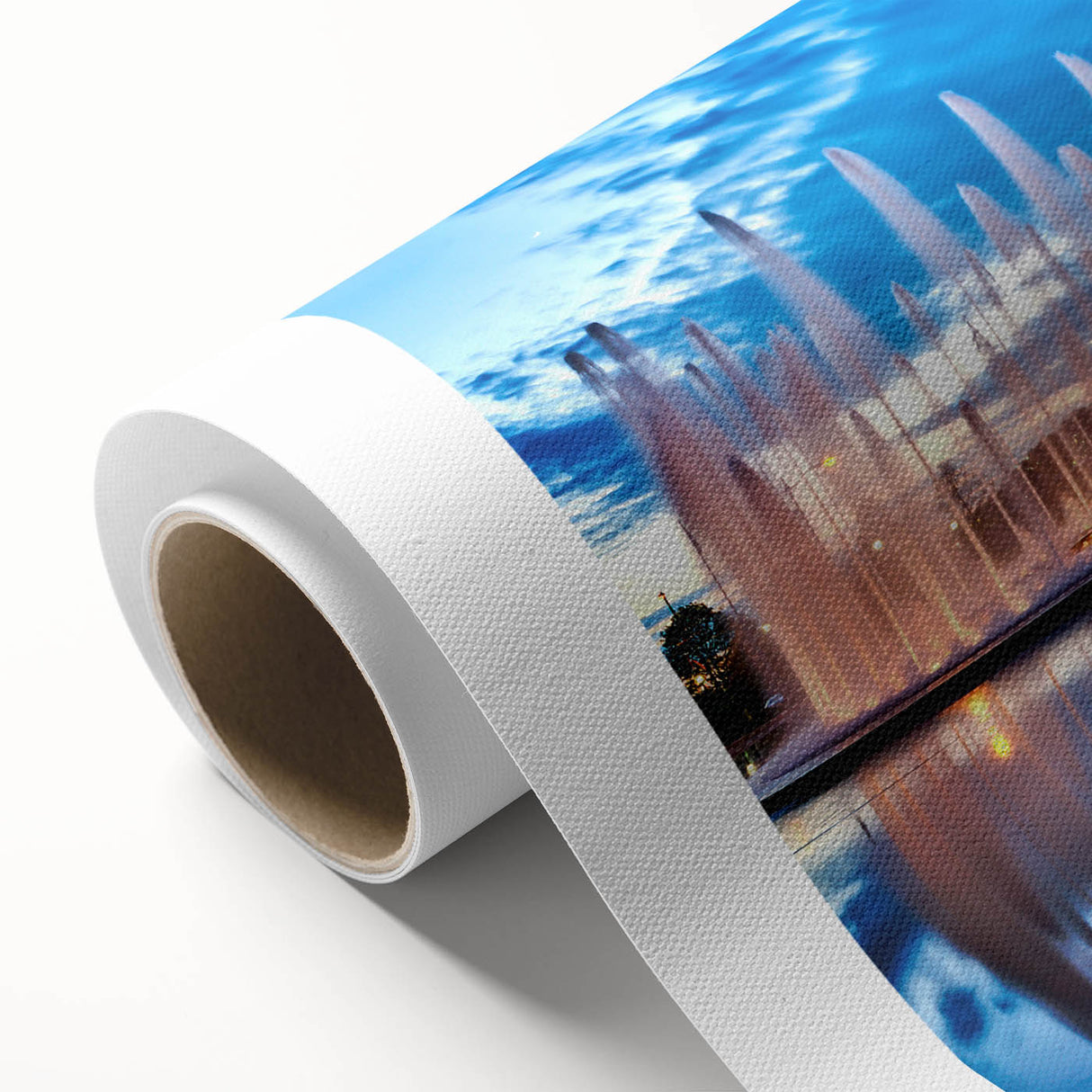 Art deco style poster of Kansas City skyline in muted gold and blue tones on rolled canvas, ideal for nursery wall art.