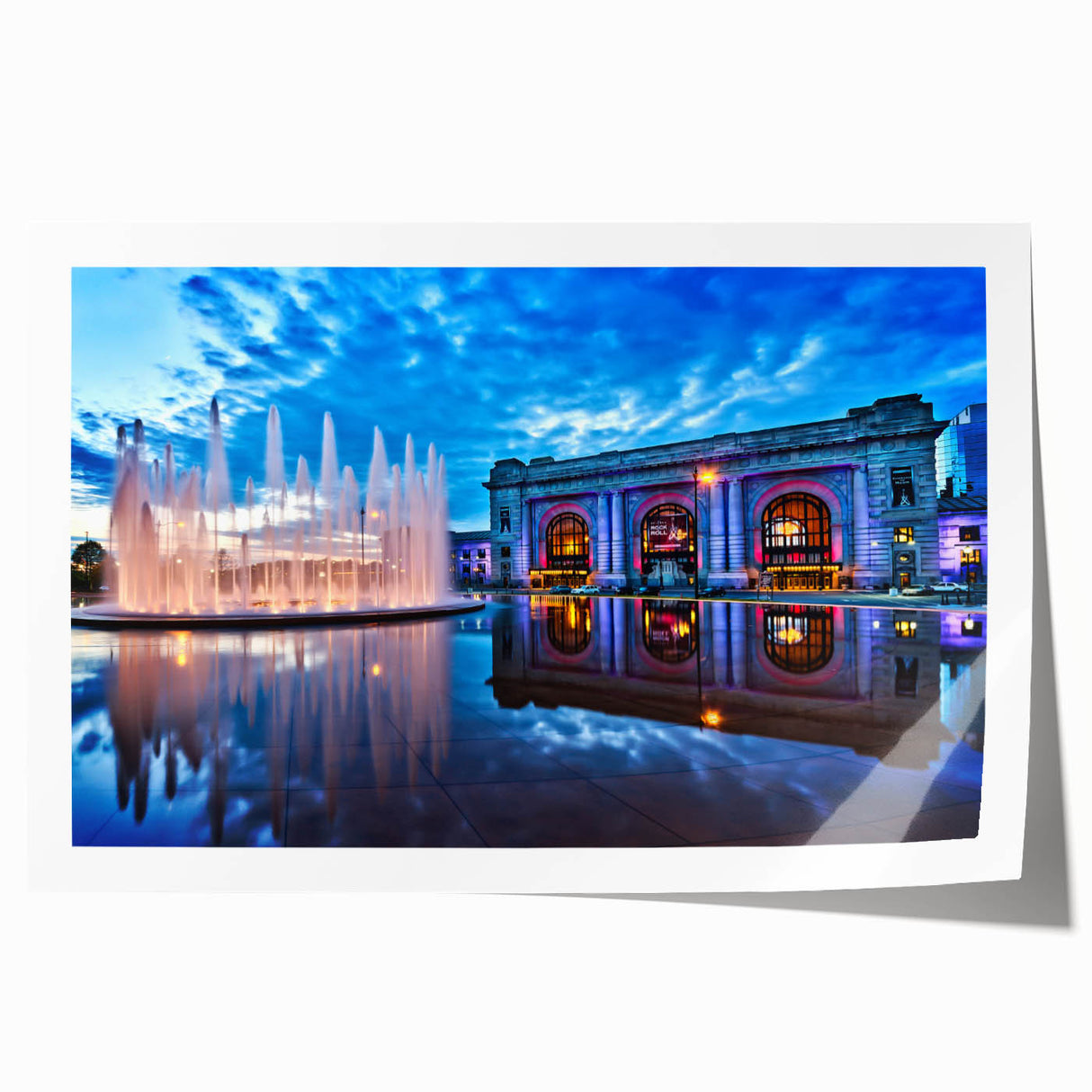Extra large rolled print of Kansas City skyline in muted twilight hues, ideal for art wall dining room.