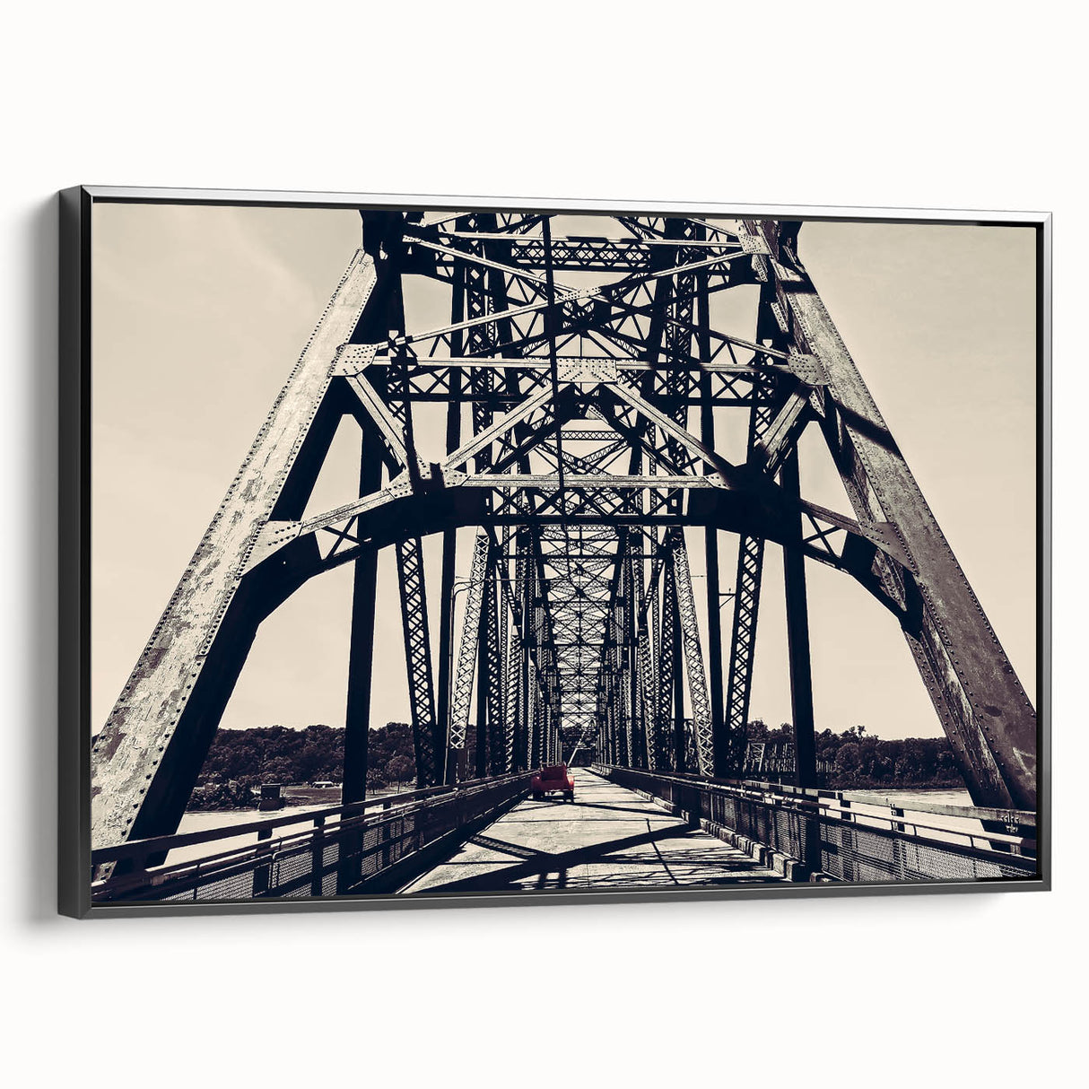 Black and white vintage poster art of St. Louis landscape on framed canvas, ideal for bedroom wall decor.