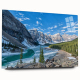 Large abstract wall art of Glacier National Park in muted blue and green tones on acrylic glass.