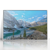 Acrylic print of Glacier National Park in muted blue and green tones, framed in white, suitable for modern art wall decor.