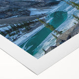 Art deco poster featuring a serene Montana Glacier landscape in soft blue and white tones on rolled canvas.