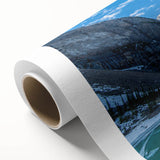 Art deco poster of Montana Glacier in cool blue tones, rolled canvas, ideal for nursery wall art.