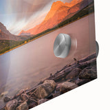 Large abstract wall art depicting Montana scenery in muted earth tones on acrylic glass, suitable for dining room ambiance.