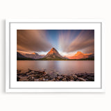 Abstract art print of Montana scenery in muted earth tones on a framed white mat, ideal for dining room decor.