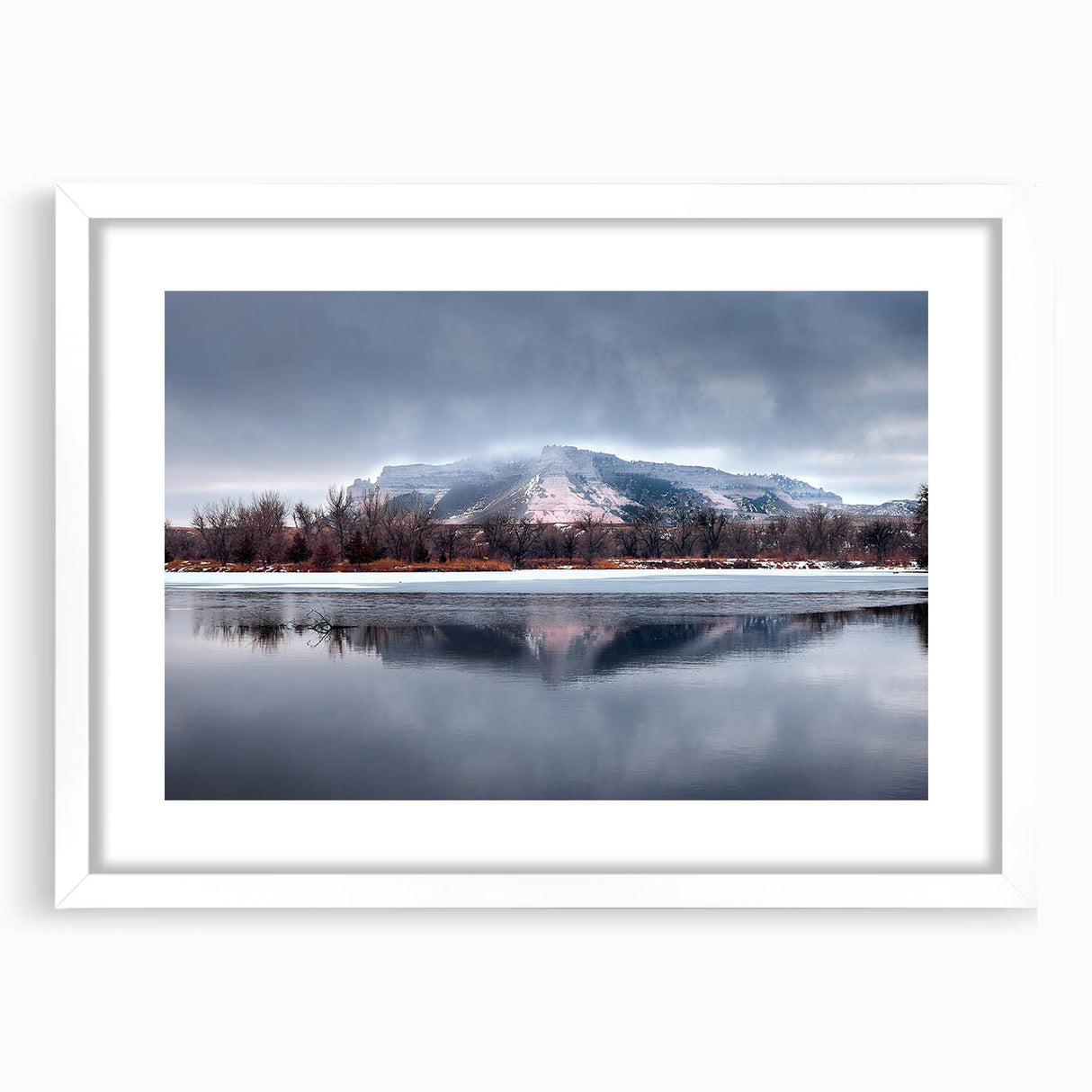 Abstract art print of Nebraska scenery in muted earth tones, framed with a white mat, suitable for dining room or bedroom.