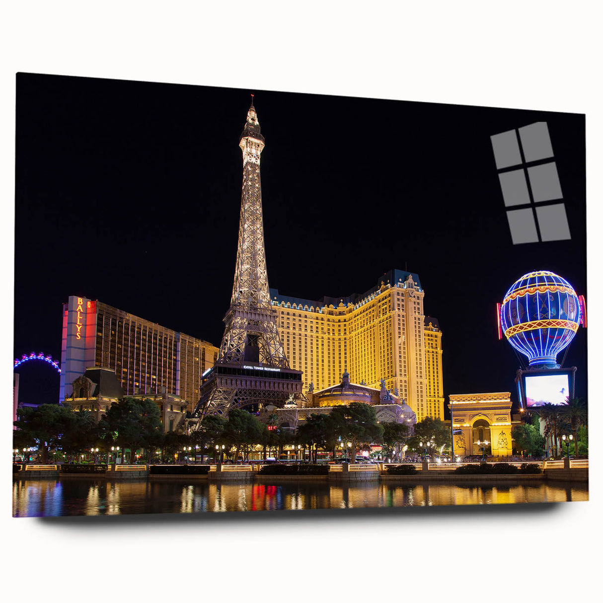 Acrylic print of Las Vegas skyline in muted nighttime colors, ideal for bedroom or dining room art.