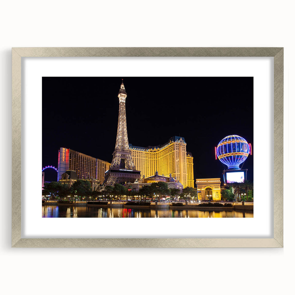 Textured art print of abstract Las Vegas skyline in muted silver and gray tones on a framed canvas, suitable for bedroom art.
