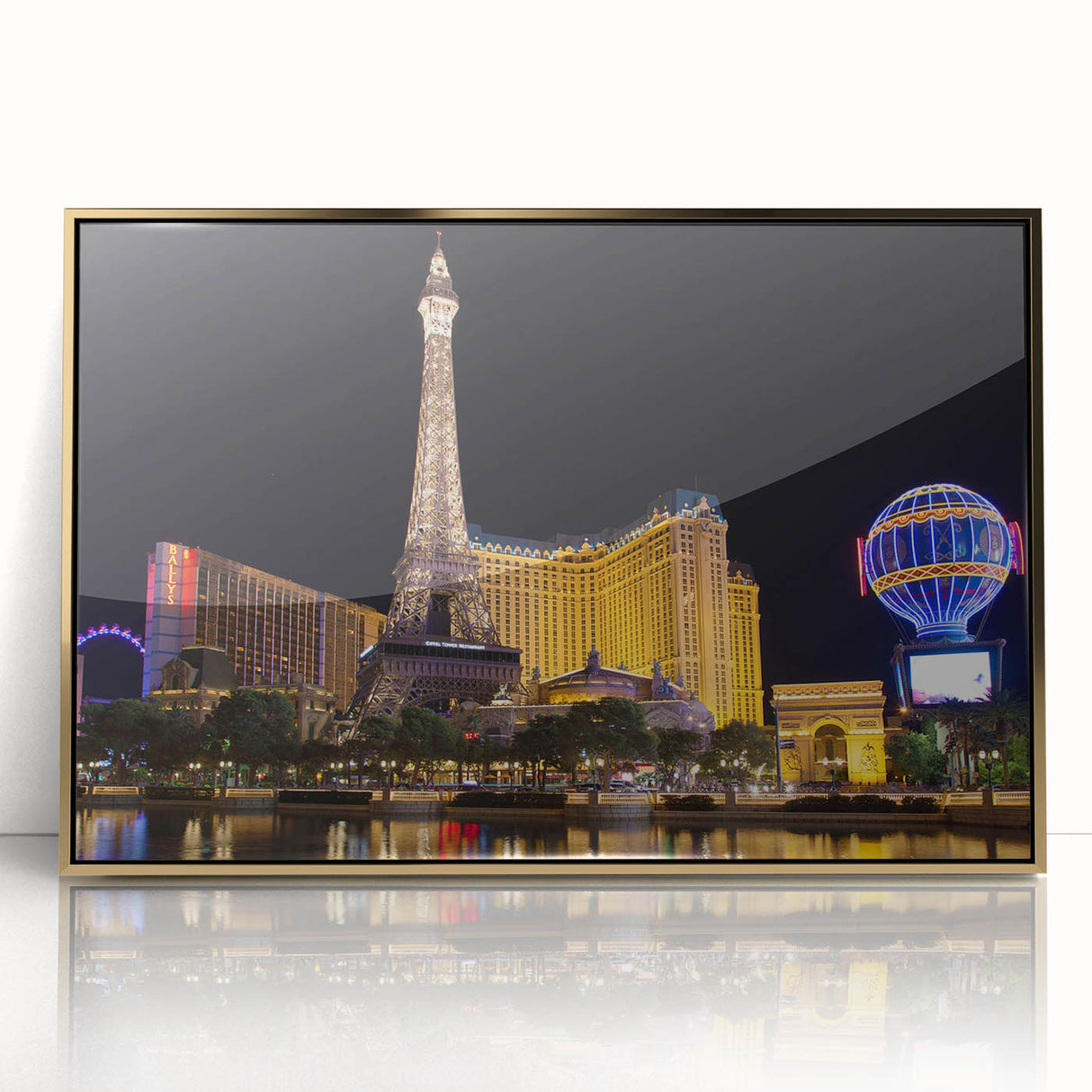 Mid-century modernist Las Vegas skyline in muted gold tones on a framed acrylic, suitable for modern art wall decor.