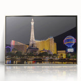 Mid-century modernist Las Vegas skyline in muted metallic tones on a framed acrylic print.