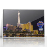 Art Deco style poster of Las Vegas skyline in muted gold and white tones, acrylic framed, suitable for modern art wall decor.