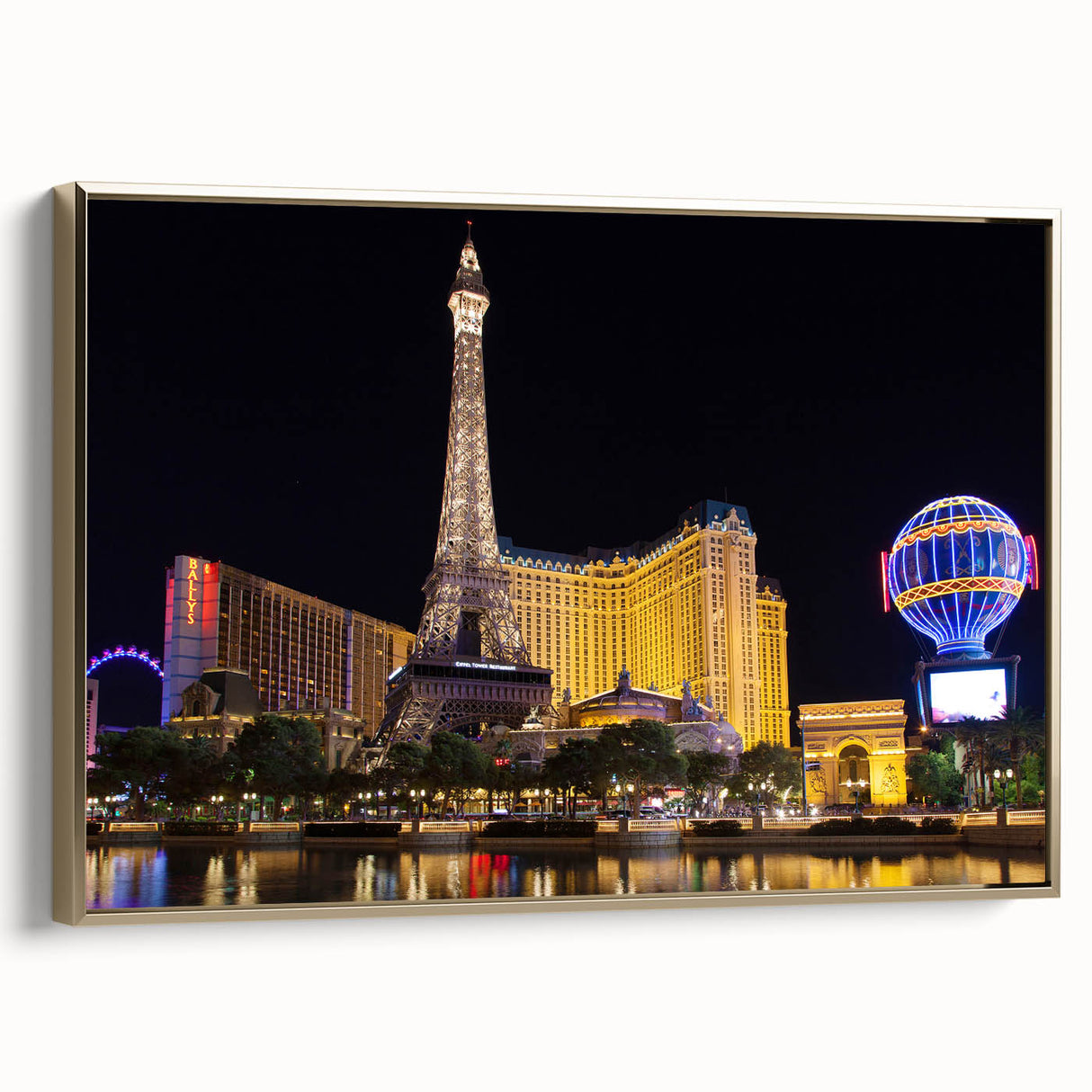 Framed canvas wall art of a vintage Las Vegas landscape in black and gold tones, ideal for bedroom decor.