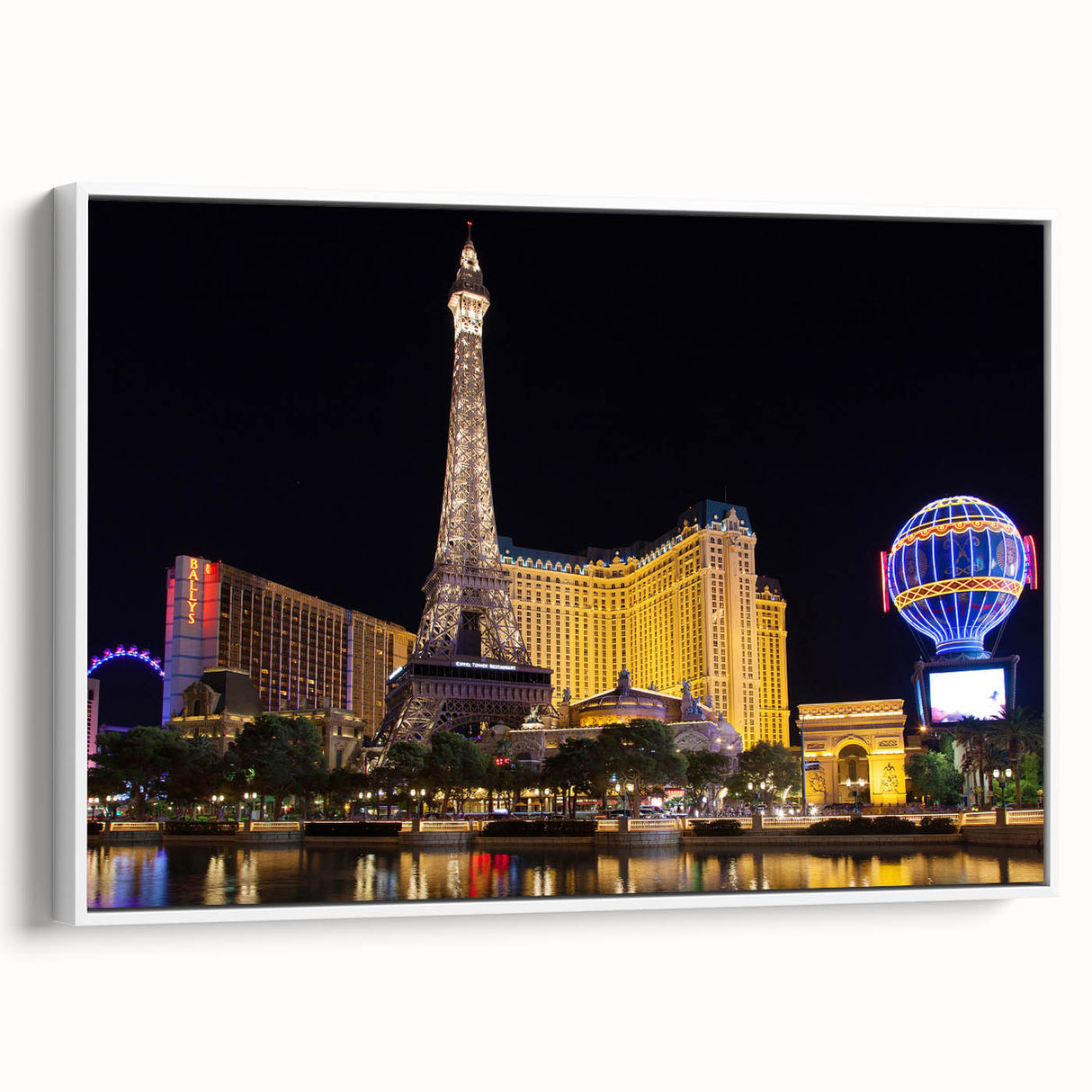 Vintage poster art of Las Vegas with colorful details on a large framed canvas, ideal for living room decor.
