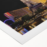 Art deco poster of Las Vegas skyline in muted gold and blue tones on rolled canvas, suitable for dining room wall art.
