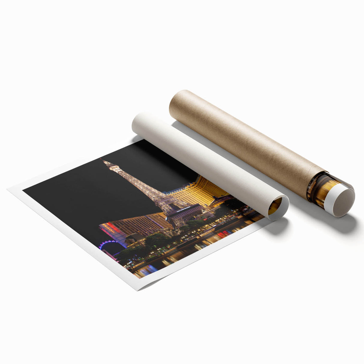 Rolled print of Las Vegas scenery with muted desert colors, ideal for classy bathroom wall art.