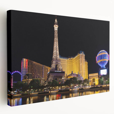 Las Vegas skyline at night depicted in vibrant neon colors on a large stretched canvas, suitable for kitchen wall art.