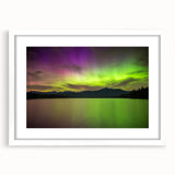 Abstract art print of a New Hampshire landscape in muted green and blue tones, framed with a white mat.