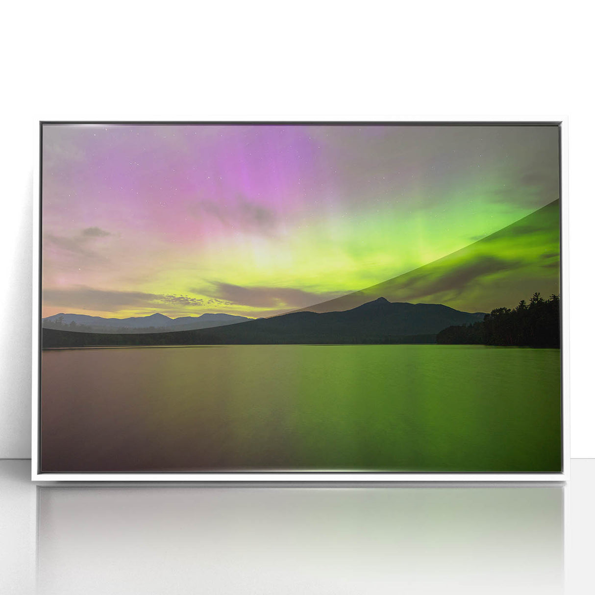 Acrylic print of a serene New Hampshire landscape in art deco style, framed in white, ideal for nursery wall art.
