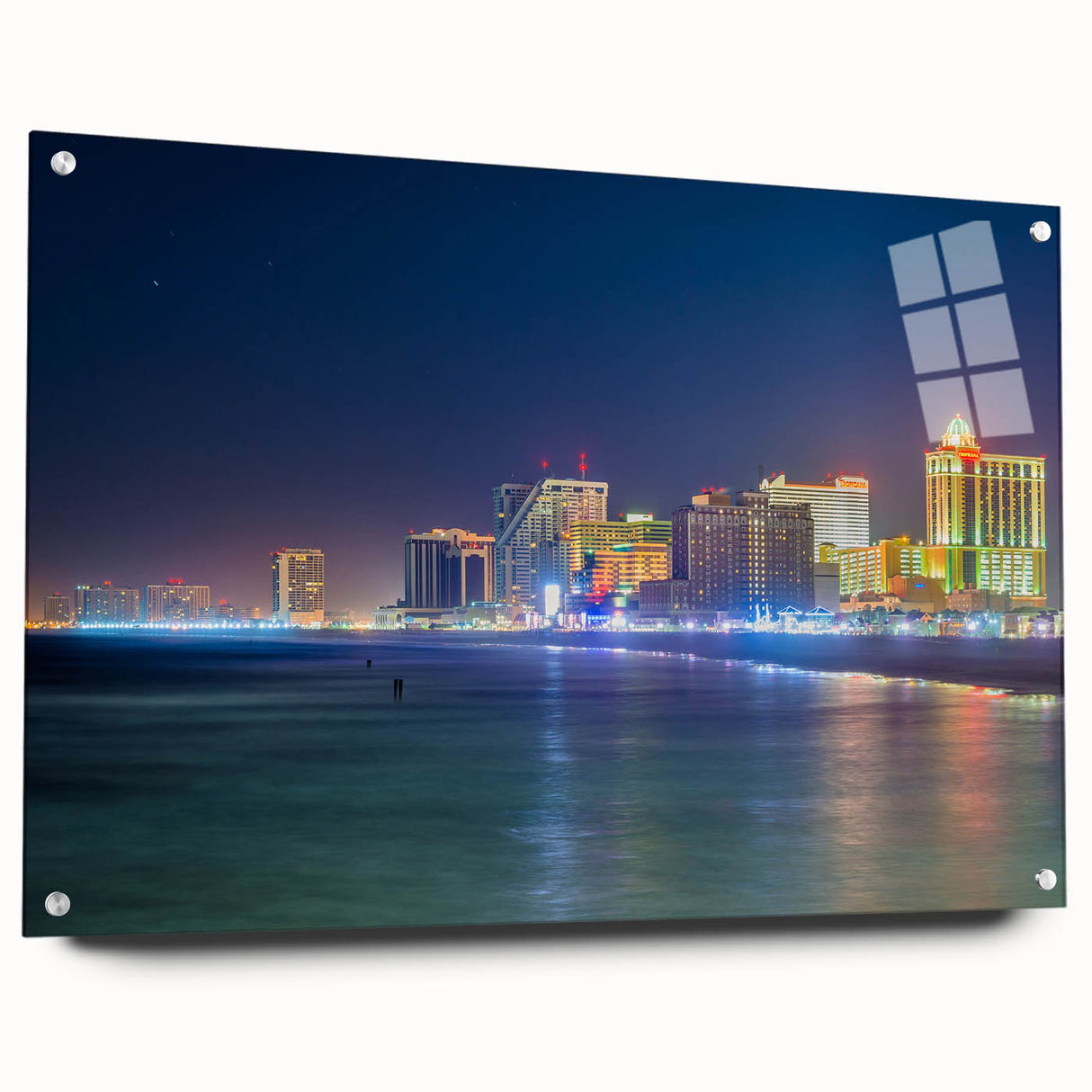 Acrylic print of a large abstract depiction of the New Jersey skyline in muted blue and gray tones.