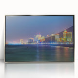 Mid-century modernist art depicting New Jersey scenery in muted blue and green tones, framed acrylic.