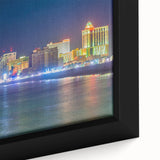Close-up of a framed canvas featuring a textured, colorful depiction of the New Jersey skyline, ideal for living room decor.