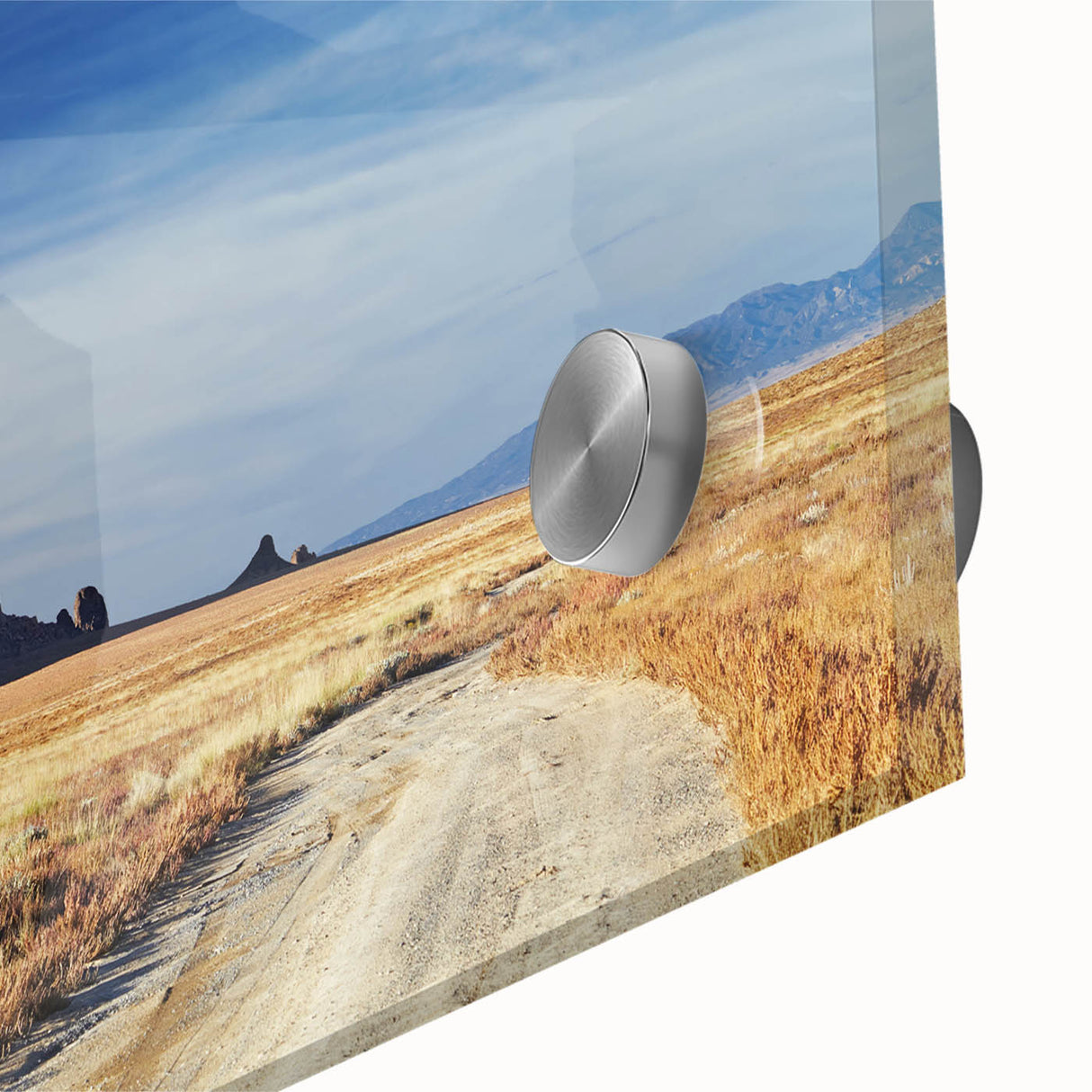 Large abstract wall art depicting New Mexico scenery in muted earth tones on acrylic glass, ideal for dining room ambiance.