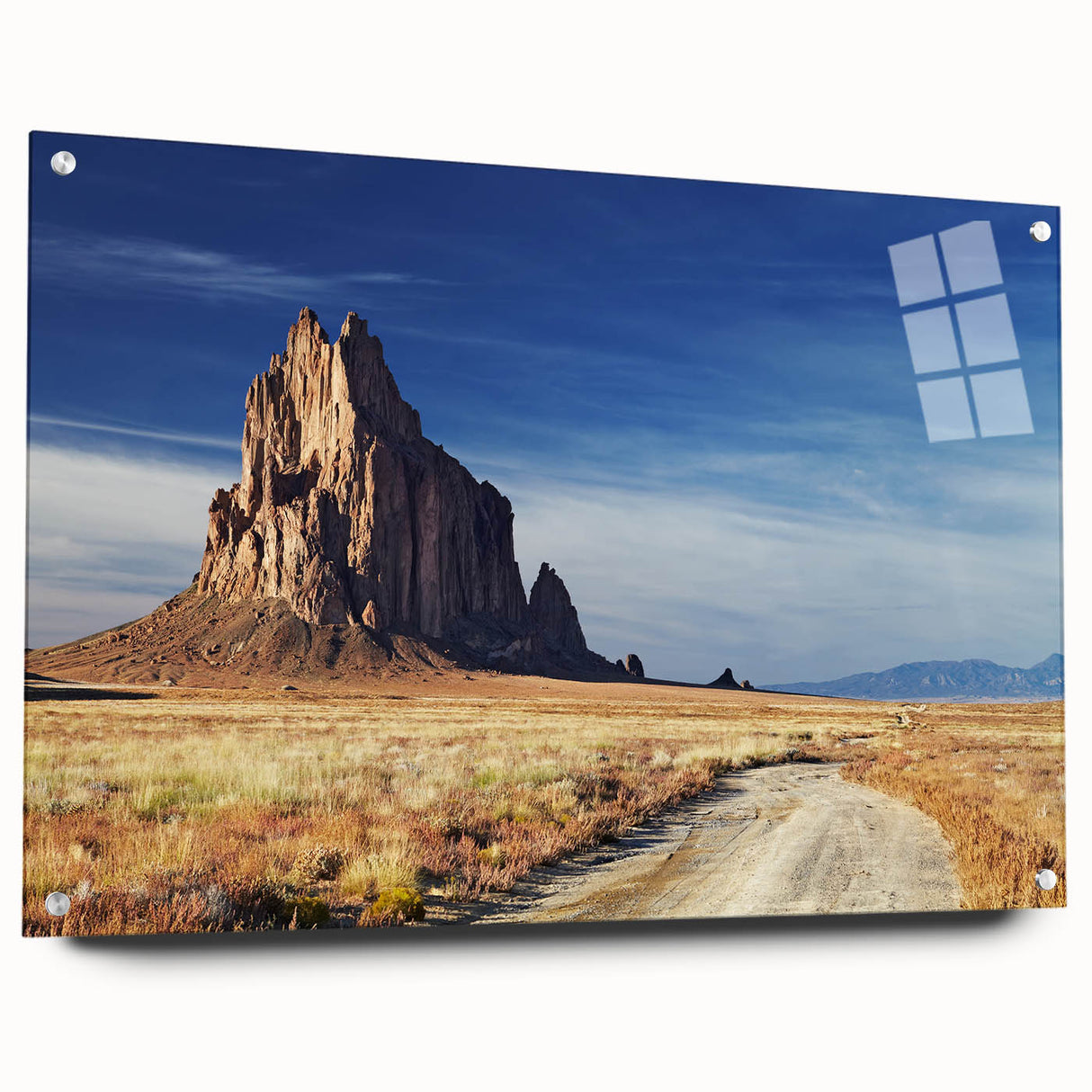 Large abstract wall art depicting a New Mexico desert scene on acrylic glass, suitable for bedroom or dining room decor.