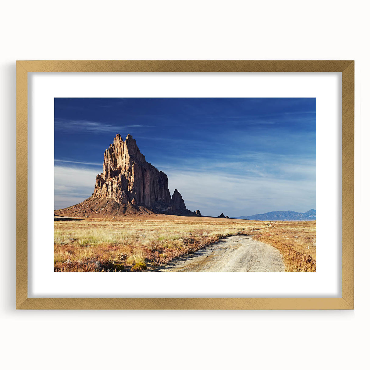 Extra large abstract art print of a textured New Mexico landscape in muted earth tones, framed in gold.